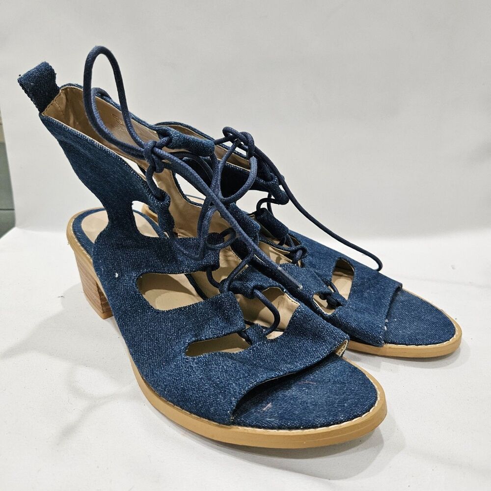 Christian Lacroix Womens Lace Up Block Heel Denim Sandals Size 8 Blue Gladiator